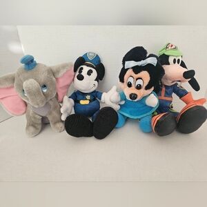 Disney Plush Lot Of 4 Mickey Policeman 10" Race Goofy 11" Minnie 8" Dumbo 8"